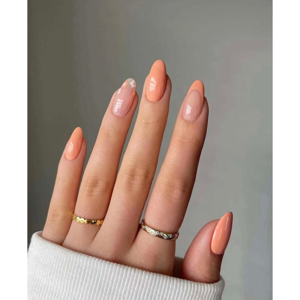 Spring Summer Press On Nails Medium Oval Peach Orange Floral Nails